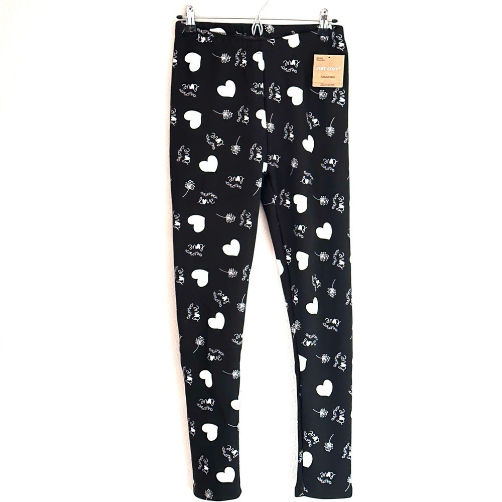 Just Cozy Fleece Lined Black Leggings with White Heart Print Size M/L